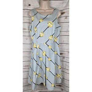 Talbots Blue Striped Floral Dress 12 Fit & Flare Sleeveless Cotton Blend Pleated